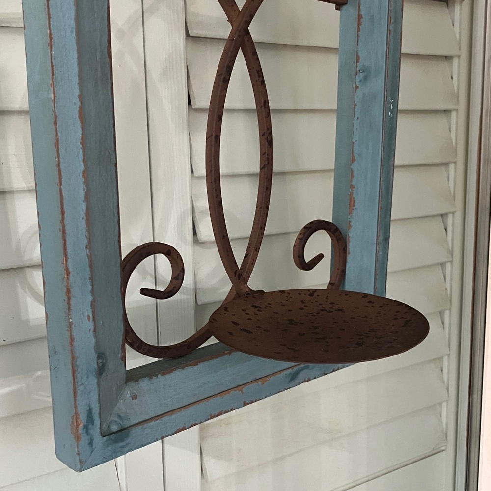 Rustic Blue Wood Frame With Brown Metal Design With Metal Candle Holder - Picture 2 of 10